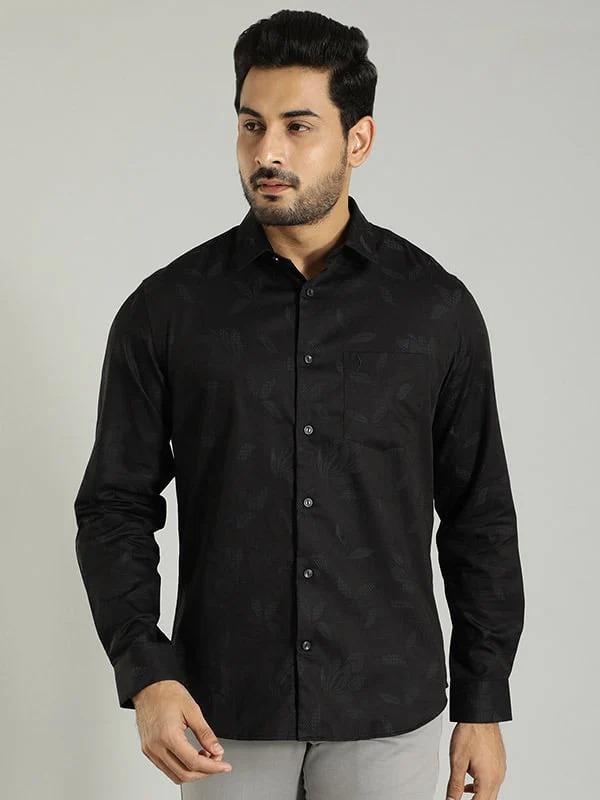Indian Terrain Men's Slim Fit Full Sleeve Self Design Black Shirt
